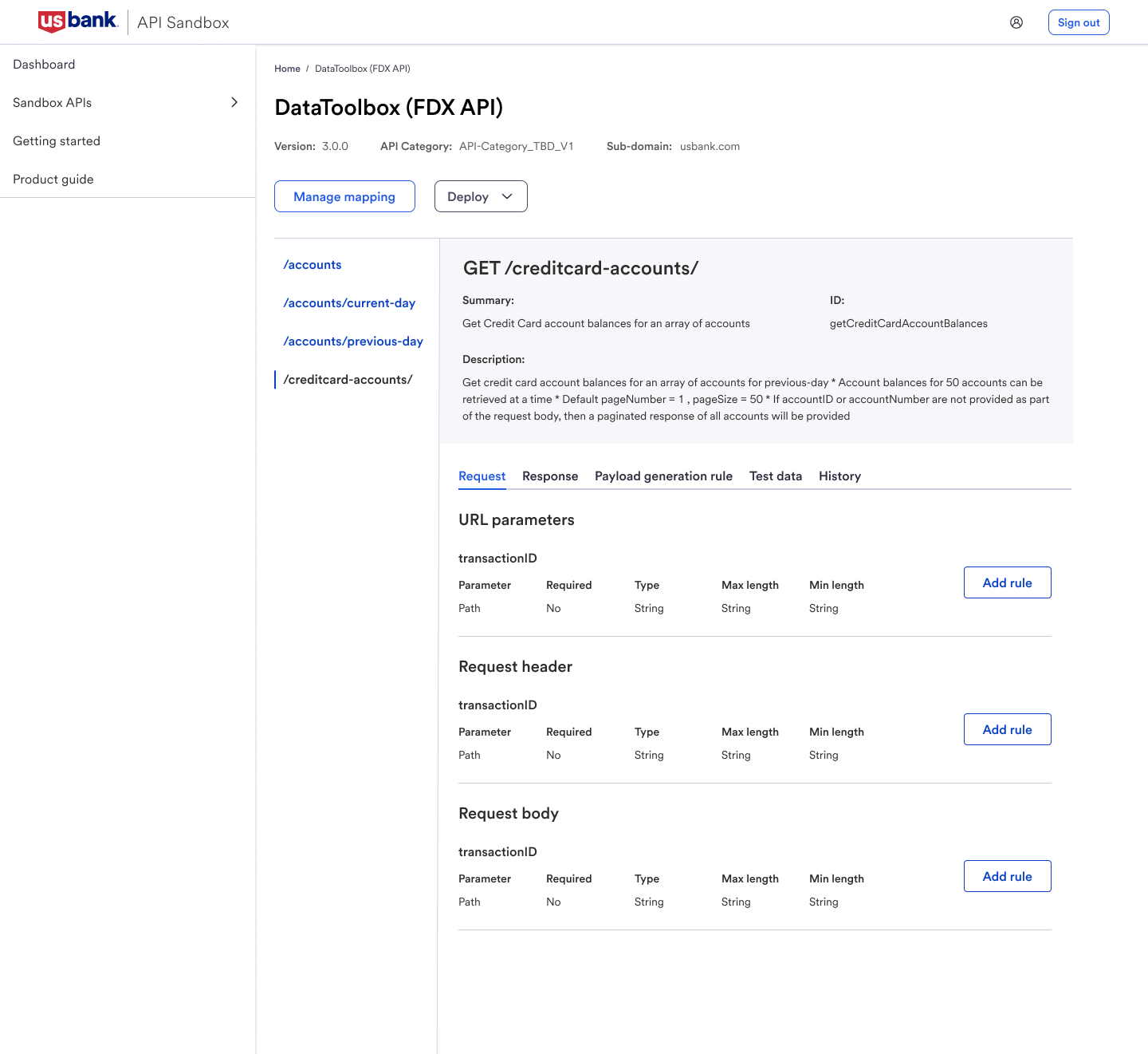 API Sandbox product screen showing an API spec with its endpoints